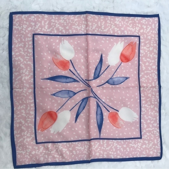 FINAL SALE Tulips Spring Square 100% Silk Scarf Pink Blue White Easter EUC - Picture 1 of 4